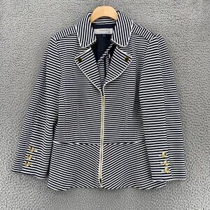Tahari Jacket Womens 6 Black White Stripe Knit Full Zip 3/4 Sleeve Stretch Moto